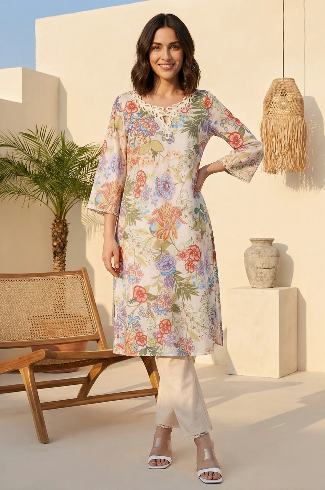 Off White Floral Printed Pure Cotton Straight Kurta